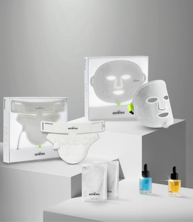 Glotech LED device range from LED Esthetics, featuring the GloTech™ Mask Pro, GloTech™ Collar, serums, and hydrogel masks for professional-grade at-home light therapy skincare treatments.