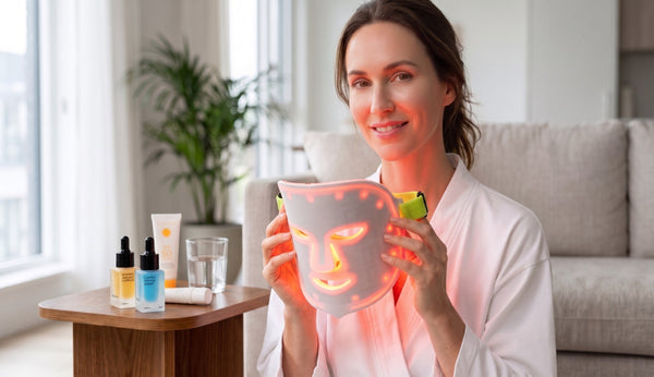 Woman using a red light therapy face mask at home with vitamin C serum, copper peptide serum, SPF and water on the table for a forehead wrinkle skincare routine without Botox.
