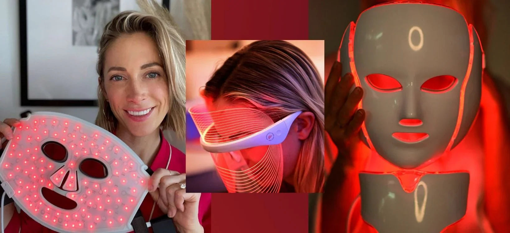 Various red light therapy masks and devices used for skin treatment, including LED face masks and wearable shields, promoting collagen production and skin rejuvenation.