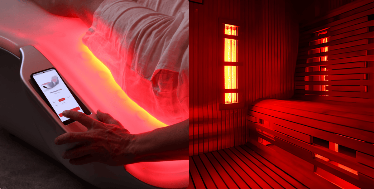 Side-by-side comparison of a person using a full-body red light therapy bed vs. a traditional infrared sauna with glowing heaters.
