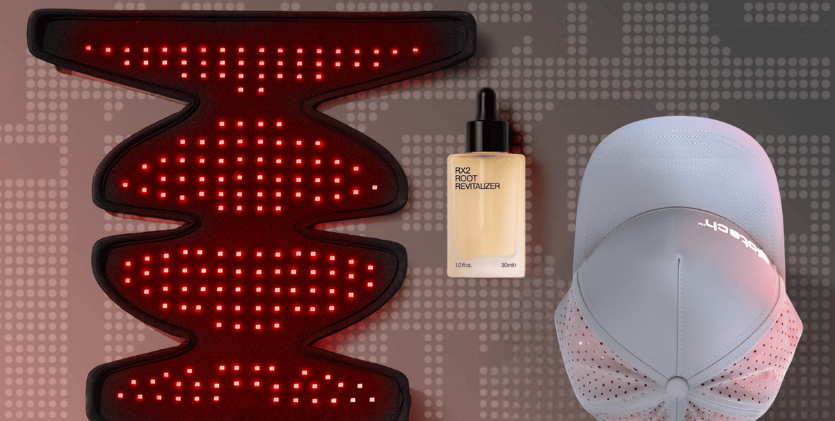 Red light therapy hair growth device, RX2 Root Revitalizer serum and Glotech cap for hair loss treatment.