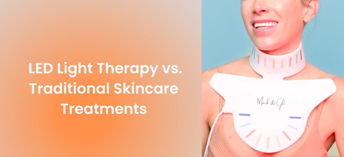 A smiling woman using an LED light therapy device on her neck and chest, with the text "LED Light Therapy vs. Traditional Skincare Treatments" comparing two skincare options.