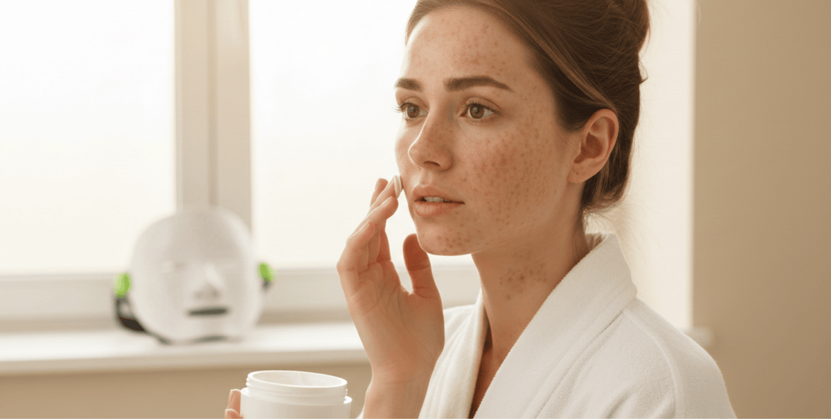 Woman applying skincare cream to sun-damaged facial skin with visible freckles and pigmentation, illustrating treatment for sun damage and uneven skin tone.