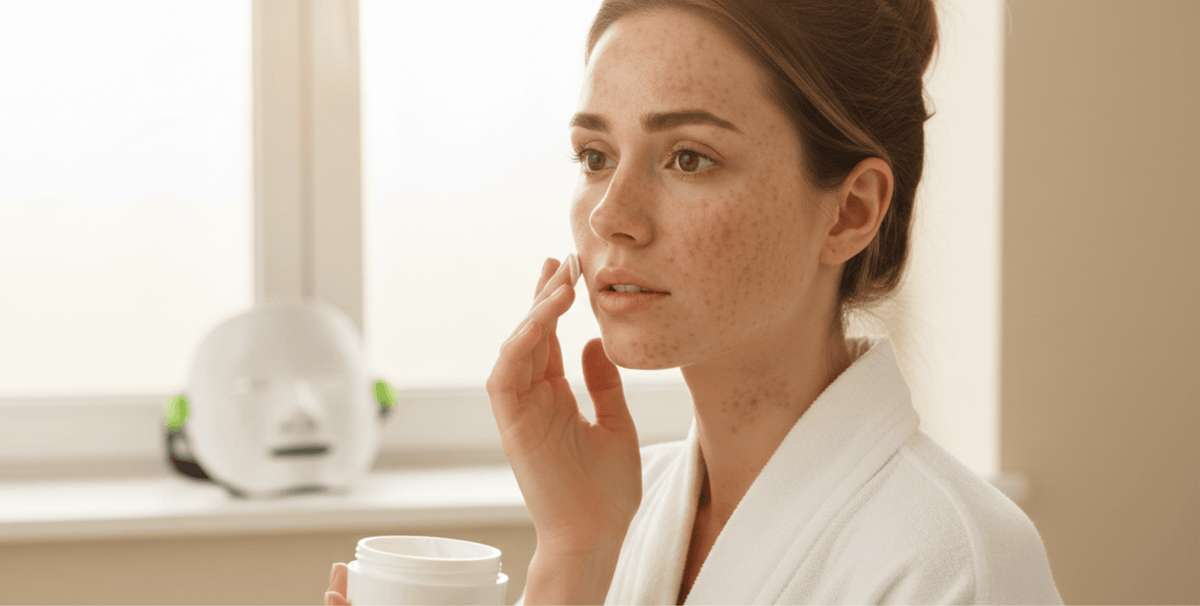 Woman applying skincare cream to sun-damaged facial skin with visible freckles and pigmentation, illustrating treatment for sun damage and uneven skin tone.