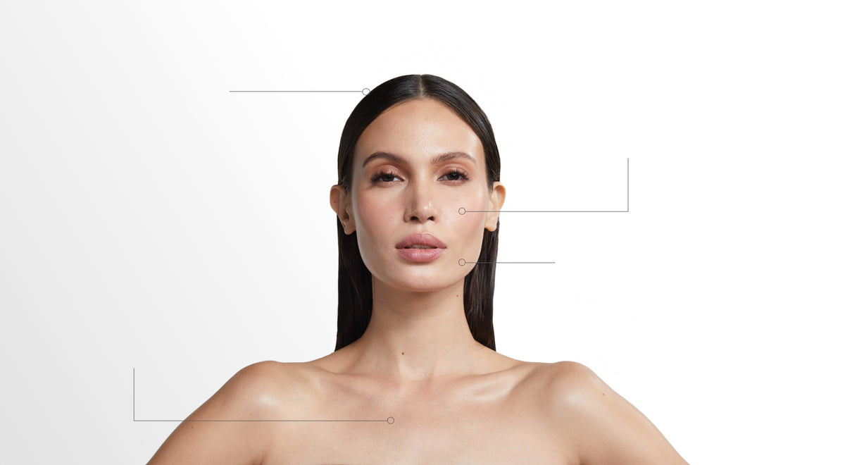 Woman with highlighted facial features on a white background