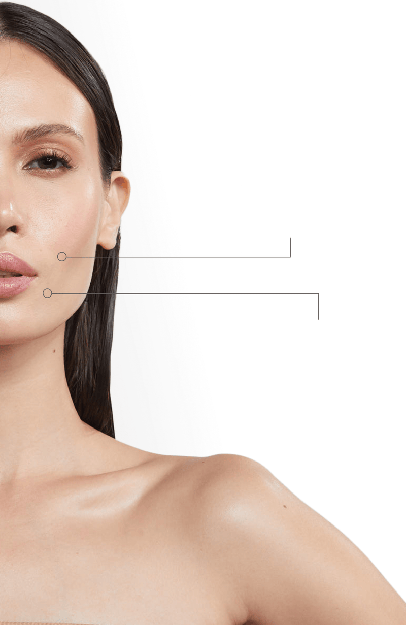 Woman's face with skin texture highlighted on a white background